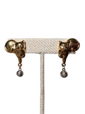 Gold Cat Drop Earrings with Silver Ball Accent